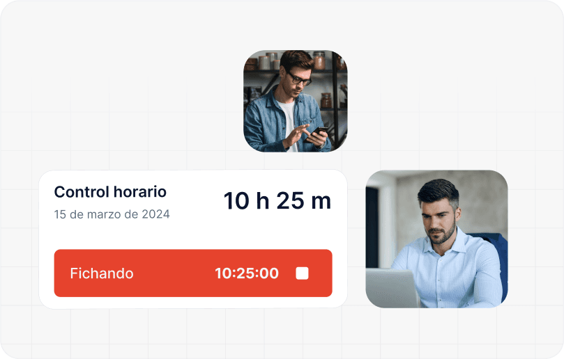 Interfaz de fichaje rápido mostrando opciones para fichar desde móvil y ordenador de forma instantánea