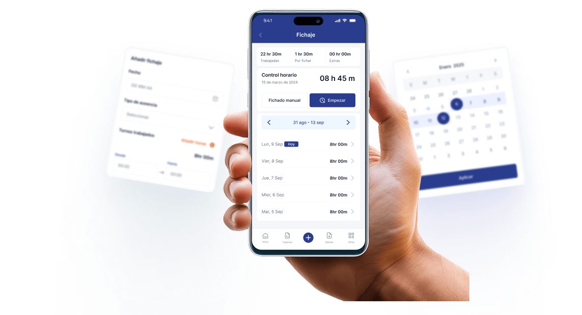 Aplicación móvil de fichaje mostrando control horario, horas trabajadas y gestión de empleados desde un smartphone