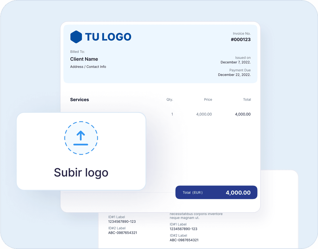 Interfaz de software de facturación mostrando la opción de personalizar facturas, con un ejemplo de factura que incluye el logo de una empresa.